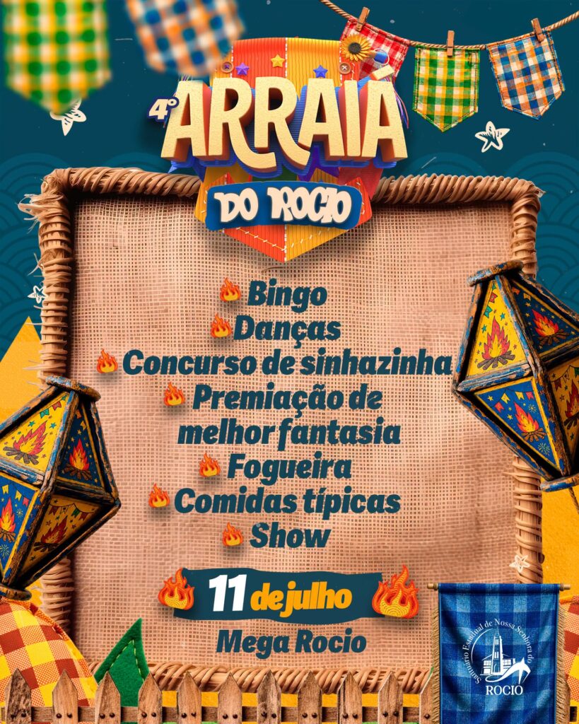 Decoração de festa junina com bandeiras coloridas e barracas típicas no Arraiá do Rocio
