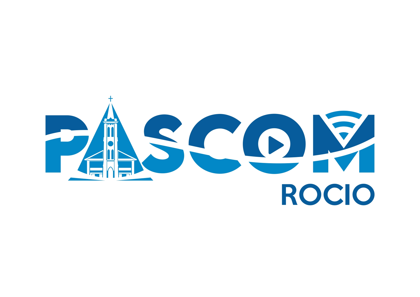 Novo logotipo da PASCOM Rocio com a silhueta da Igreja do Rocio integrada à tipografia e ícones de Wi-Fi e play