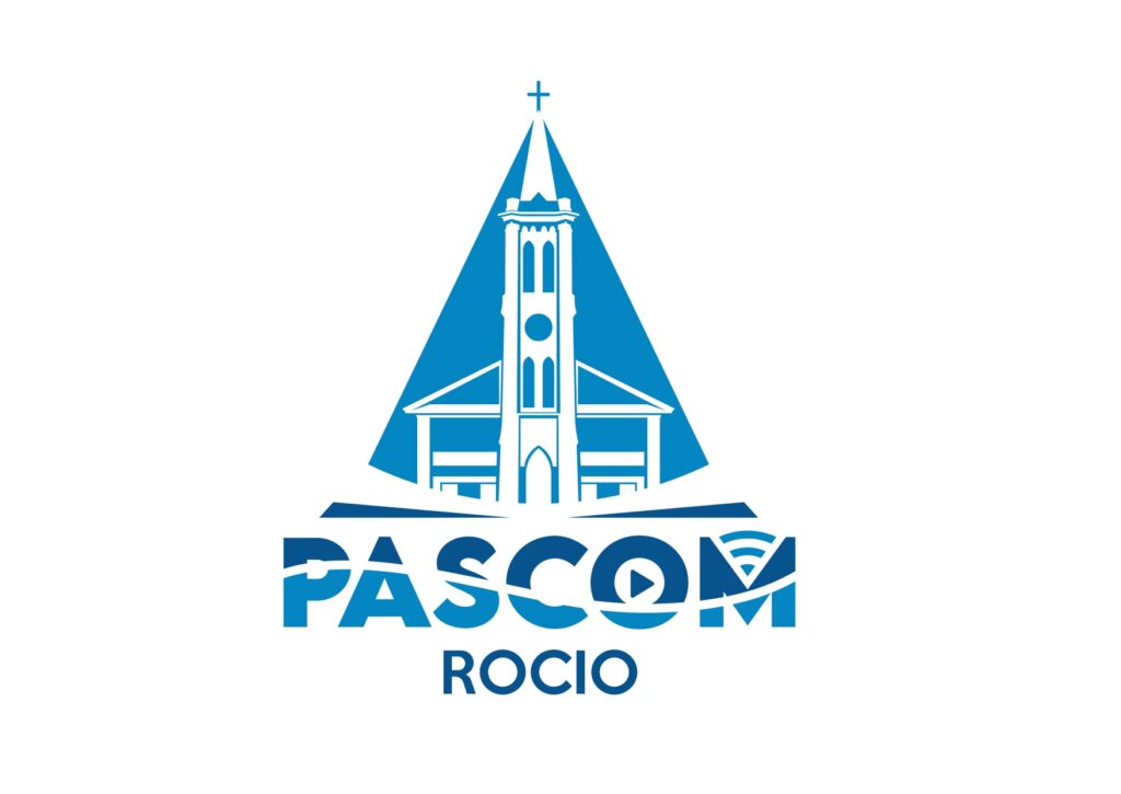 Novo logotipo da PASCOM Rocio com a silhueta da Igreja do Rocio integrada à tipografia e ícones de Wi-Fi e play.